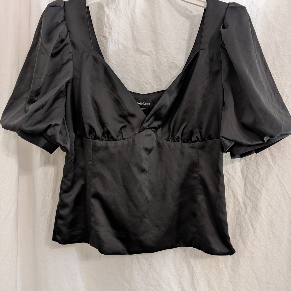 Bebe Black Satin Puff Sleeve Top Y2K Style